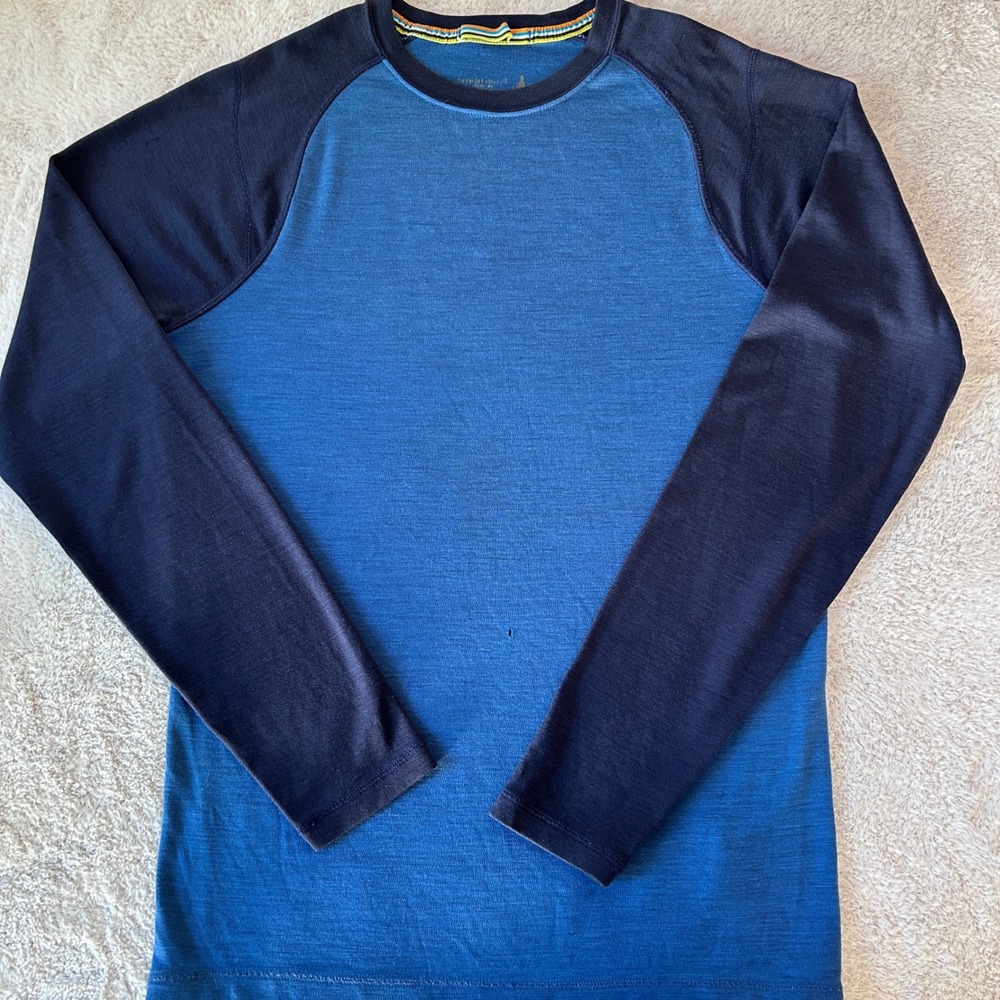 Smartwool Mens Merino Wool Base Layer Long Sleeve Blue Raglan Shirt Size S